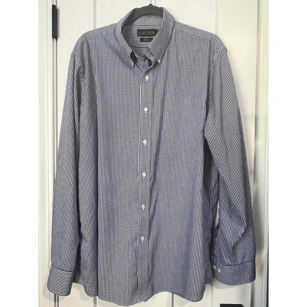 Lauren Ralph Lauren Dress Shirt Mens 17.5 36/37 Blue Gingham Slim Fit Non Iron
